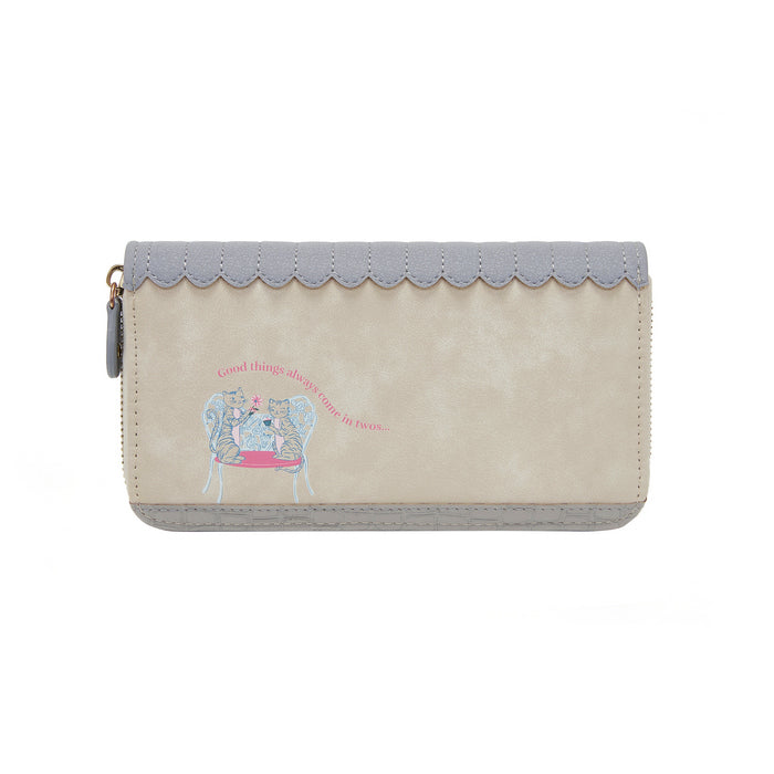 Beige wallet with gray top and decorative text on a white background