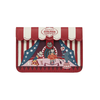 Red and white striped wallet with circus design on a white background