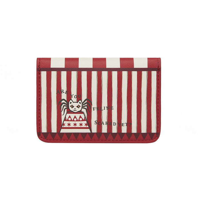Red and white striped wallet with a cat design on a white background