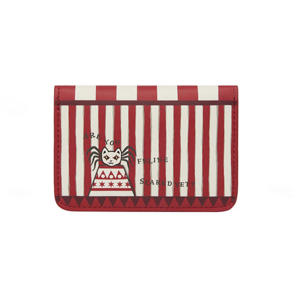 Red and white striped wallet with a cat design on a white background
