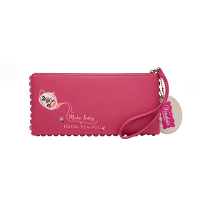 Pink wristlet with text and a tag on a white background