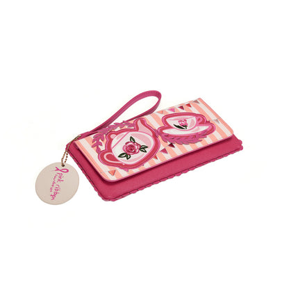 Pink wallet with tea cup design on a white background