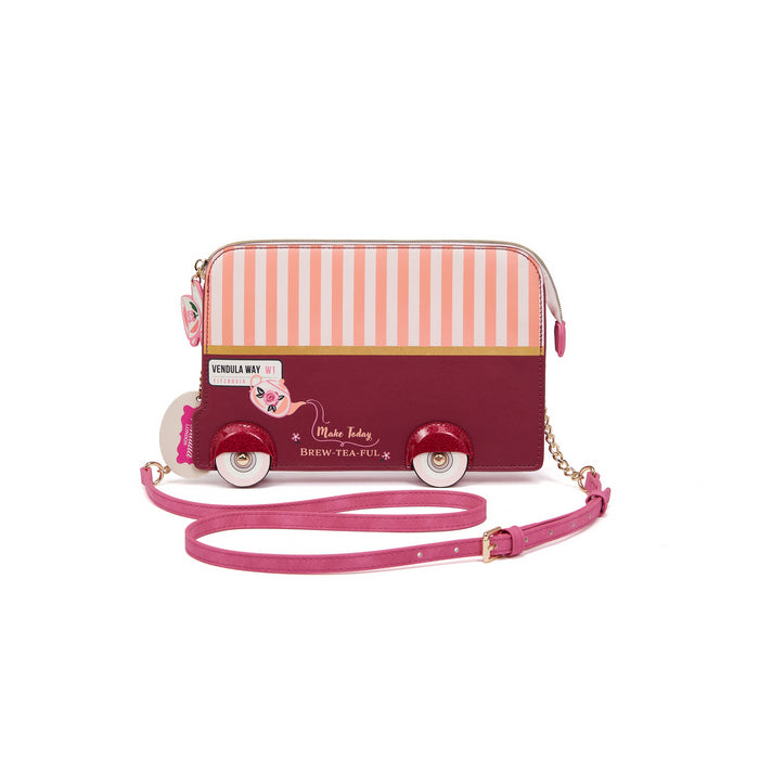 Pink and red striped bag with wheels on a white background