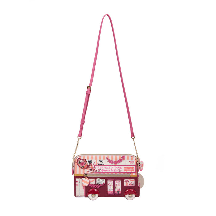 Pink and red crossbody bag with a strap on a white background
