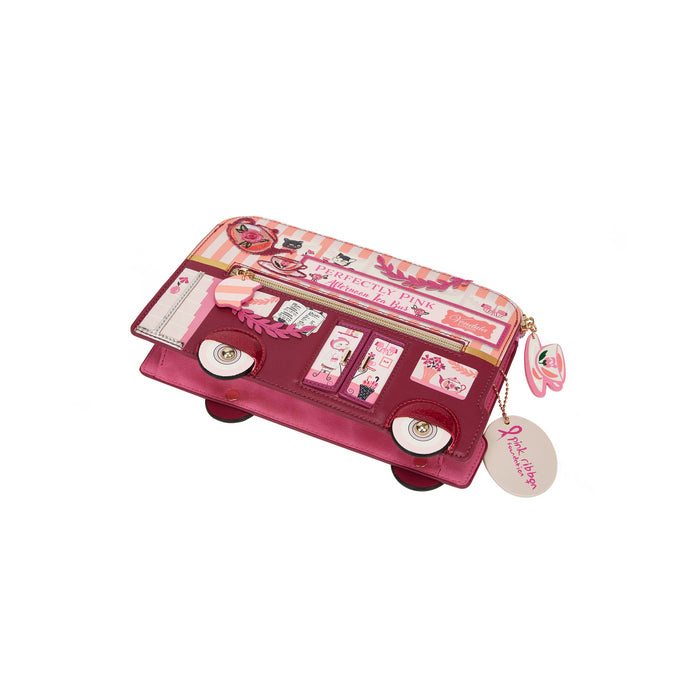 Pink and red cosmetic case with a tag on a white background