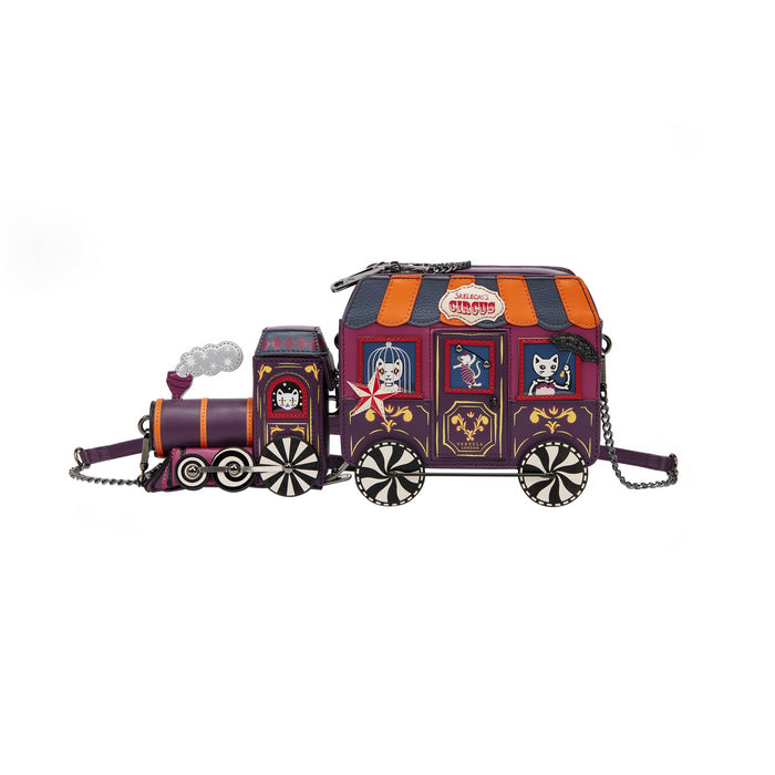Circus-themed train-shaped bag with colorful design on a white background