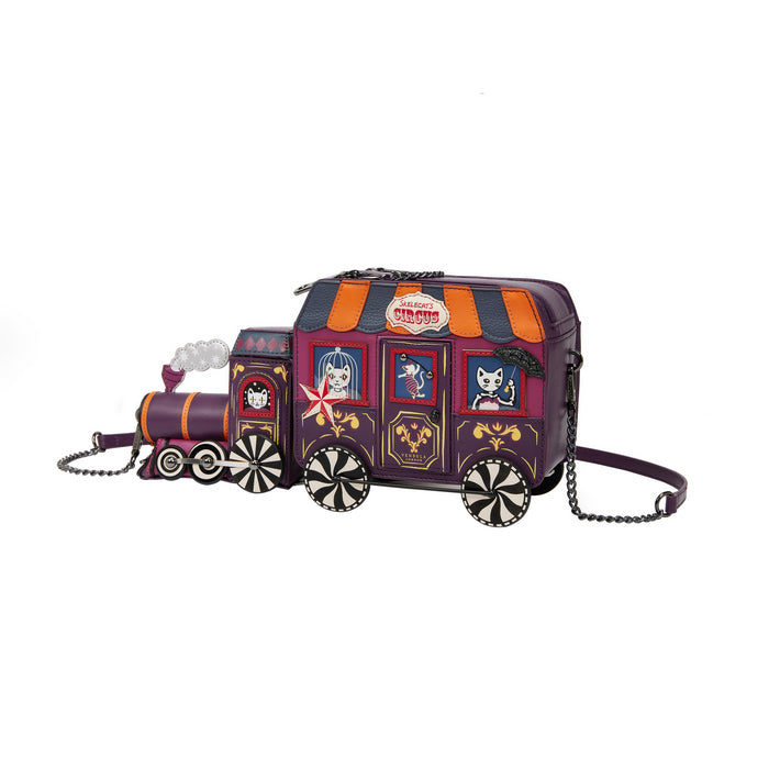 Train-shaped handbag with colorful design on a white background