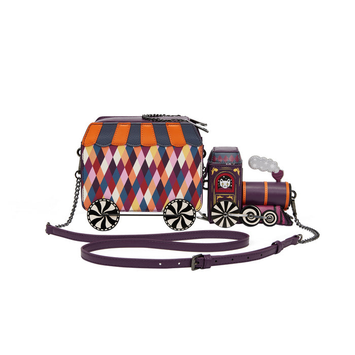 Colorful train-themed handbag with geometric pattern on a white background