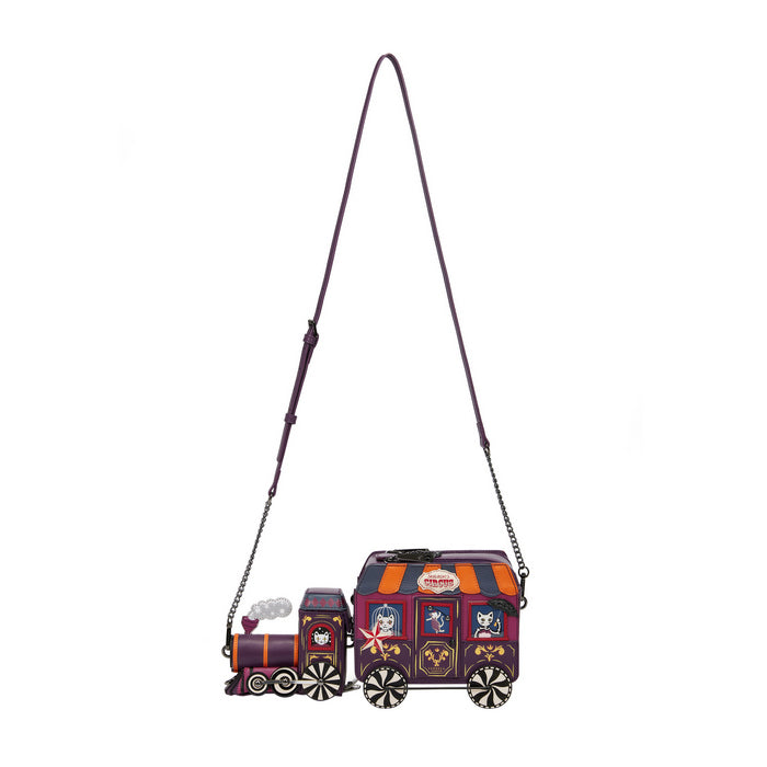 Train-themed handbag with a strap on a white background