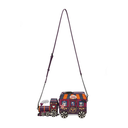Train-themed handbag with a strap on a white background