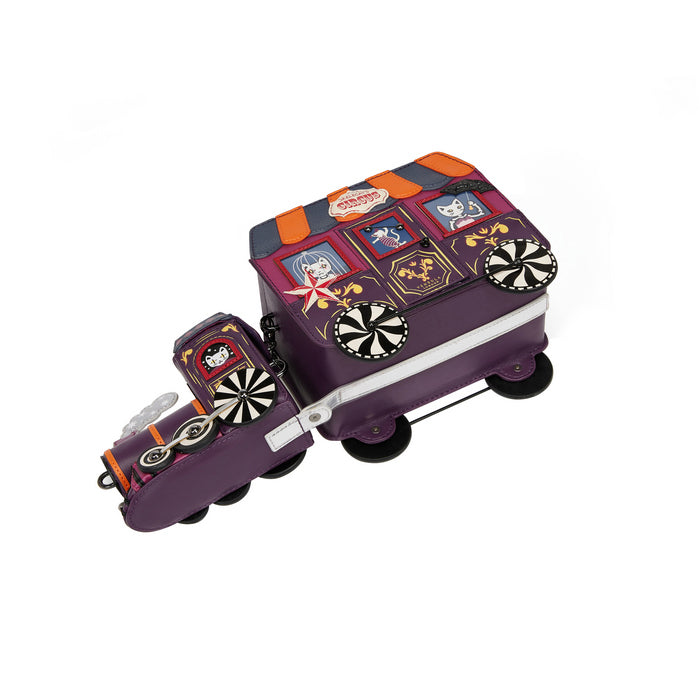 Colorful suitcase with decorative patterns on a white background