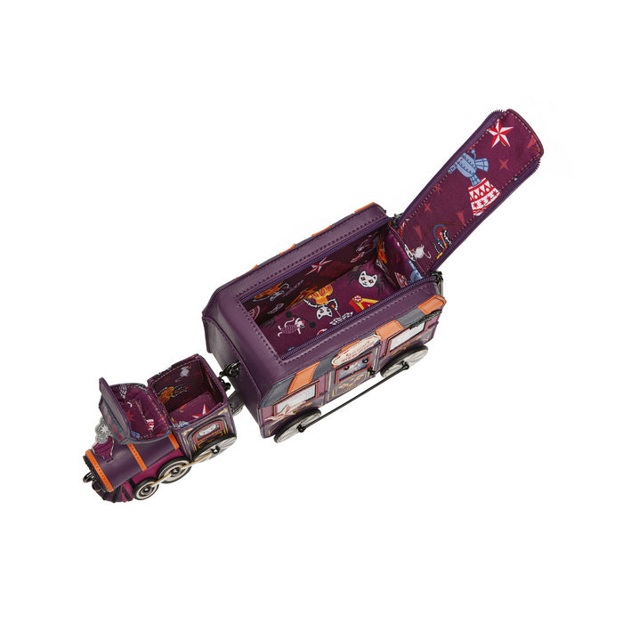 Purple toy truck with open cargo area on a white background