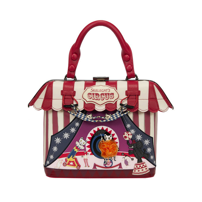 Circus-themed handbag with red and white striped canopy and colorful design on a white background