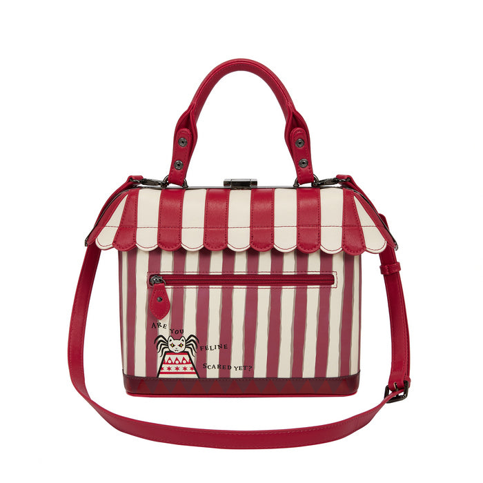 Red and white striped handbag with a visible brand logo on a white background