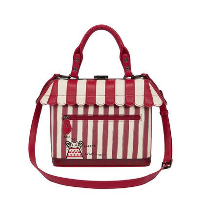 Red and white striped handbag with a visible brand logo on a white background