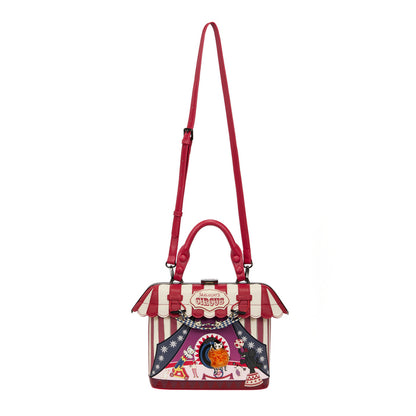 Circus-themed handbag with red and white striped canopy on a white background