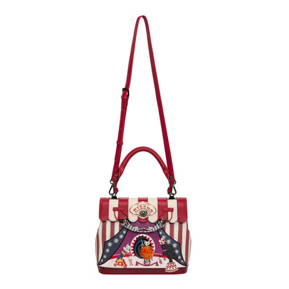 Handbag with red and white striped design on a white background