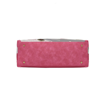 Pink handbag with gold accents on a white background