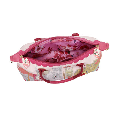 Pink and white bag with floral interior on a white background