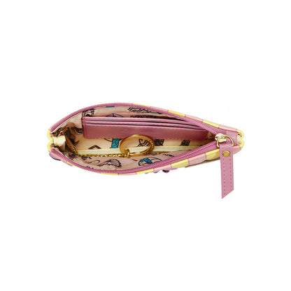 Pink wallet with keychain on a white background