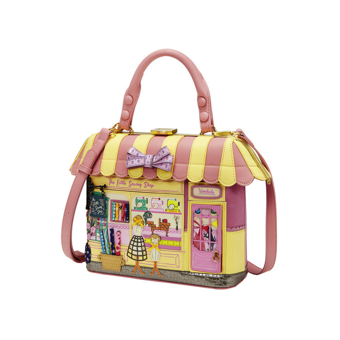 Handbag designed like a store with a pink and yellow color scheme on a white background