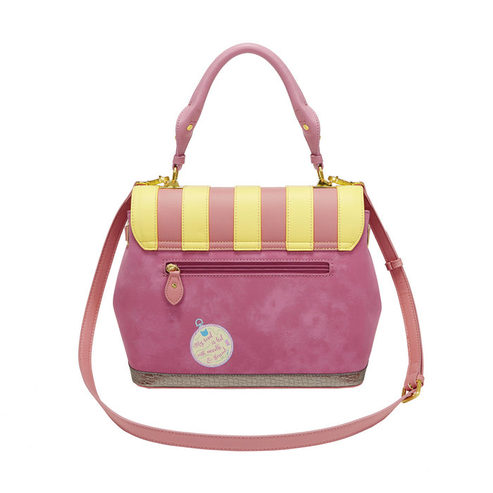 Pink and yellow striped handbag on a white background