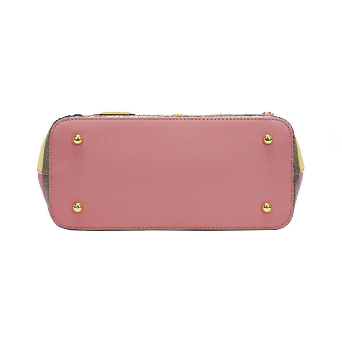 Pink handbag with gold accents on a white background