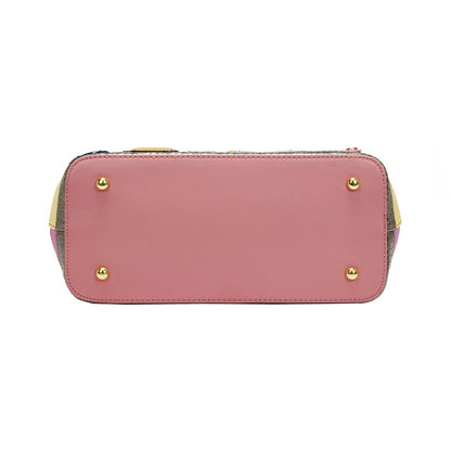 Pink handbag with gold accents on a white background