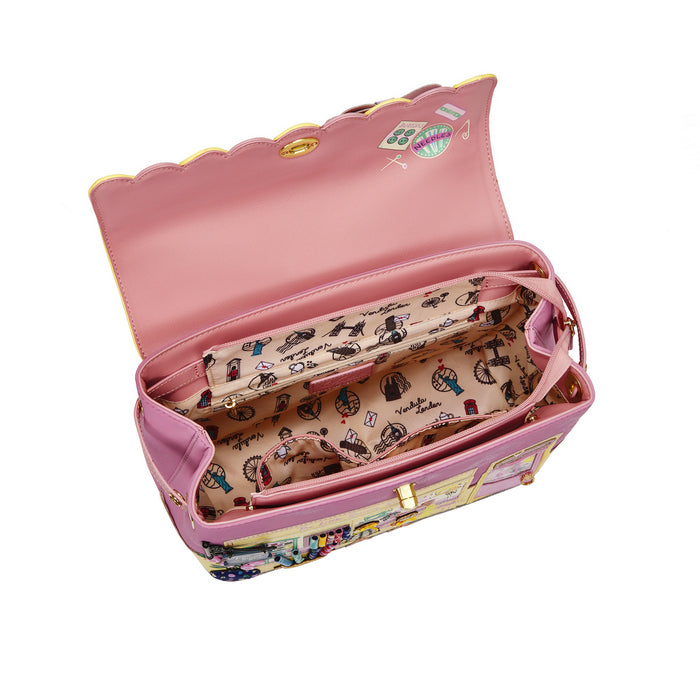 Pink cosmetic bag with cartoon character design on a white background