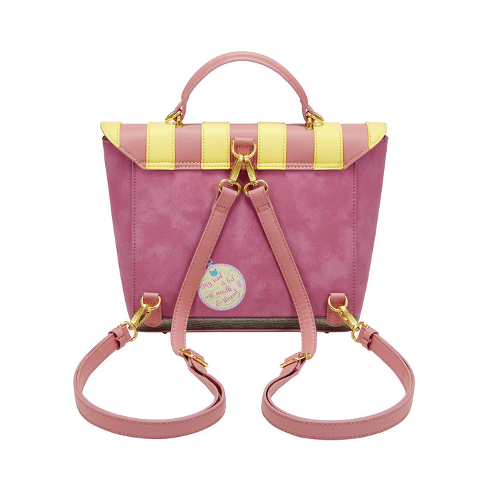 Pink and yellow handbag with a strap on a white background