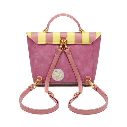 Pink and yellow handbag with a strap on a white background