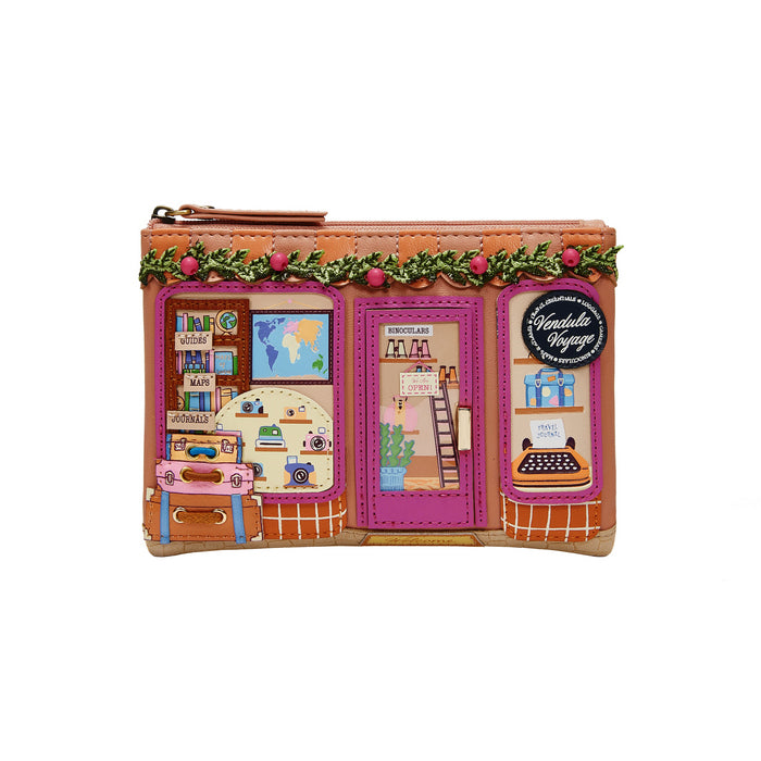 Pouch with travel-themed design on a white background