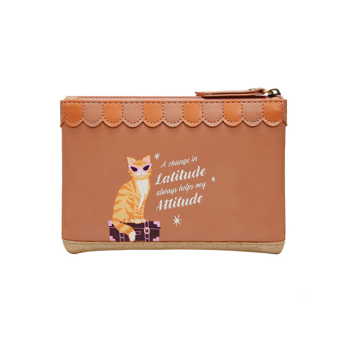Small orange pouch with a cat illustration and text on a white background