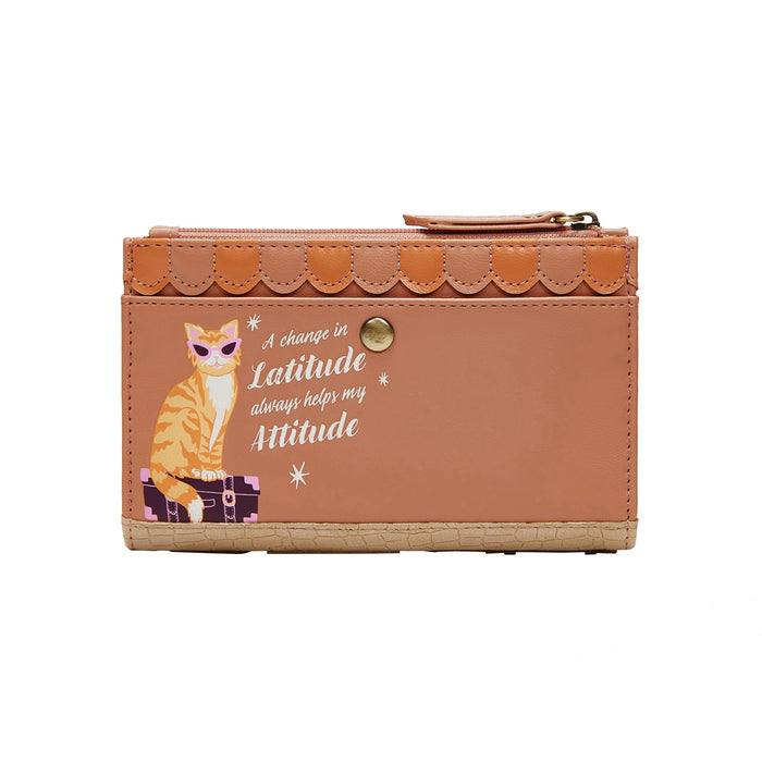 Brown wallet with cat illustration and text on a white background