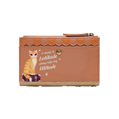 Brown wallet with cat illustration and text on a white background