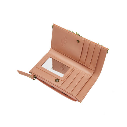 Open beige wallet with card slots on a white background