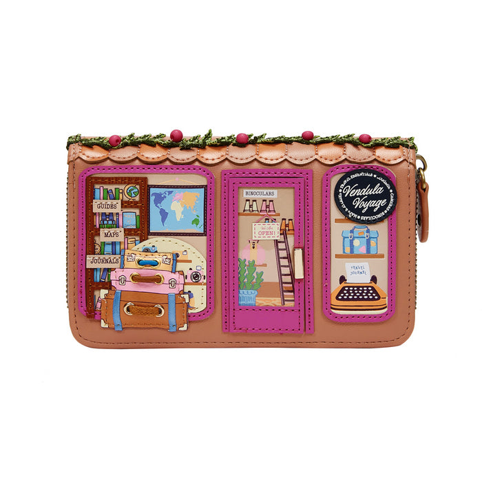 Decorative wallet with travel-themed design on a white background