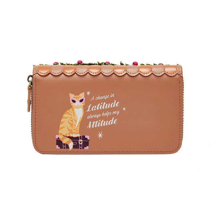 Brown wallet with a cat illustration and text on a white background