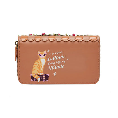 Brown wallet with a cat illustration and text on a white background