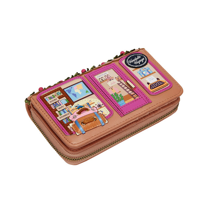 Decorative wallet with cartoon-style illustrations on a white background