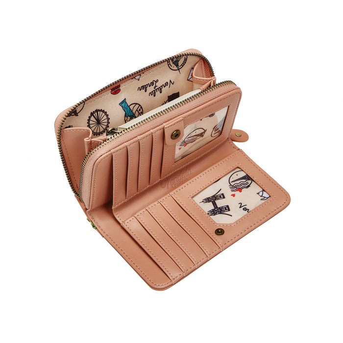 Open beige wallet with card slots and decorative interior on a white background