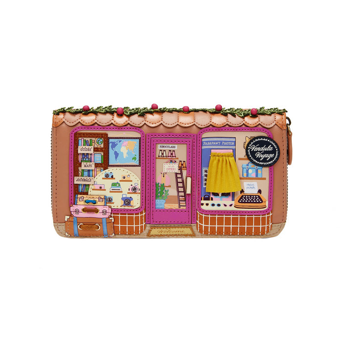 Designer handbag with a detailed interior scene on a white background