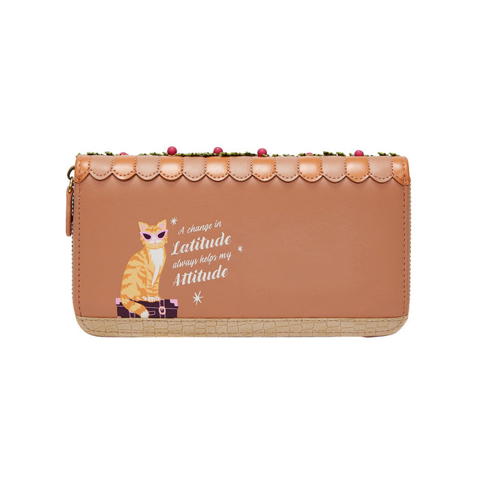Brown wallet with cat illustration and text on a white background