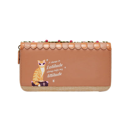 Brown wallet with cat illustration and text on a white background