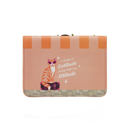 Pink and orange striped suitcase with a cat illustration and text on a white background
