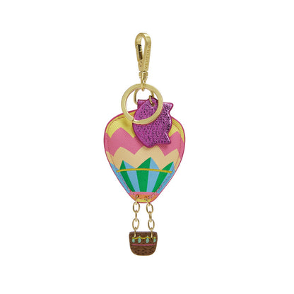 Colorful hot air balloon keychain with a pink top on a white background