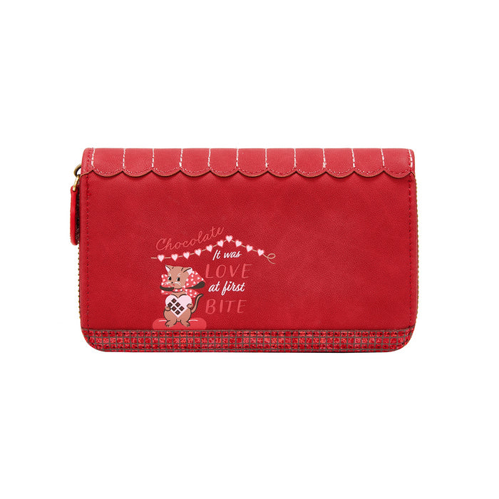 Red wallet with a cat design and text on a white background