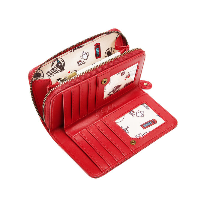 Red wallet with cartoon designs on a white background