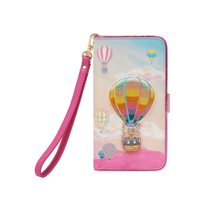Phone case with hot air balloon design and pink strap on a white background