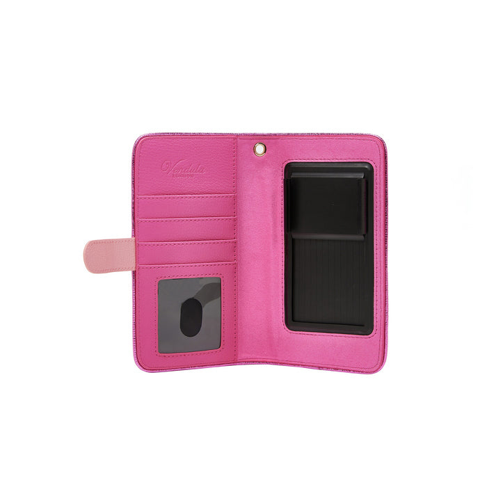 Pink phone wallet case with card slots on a white background